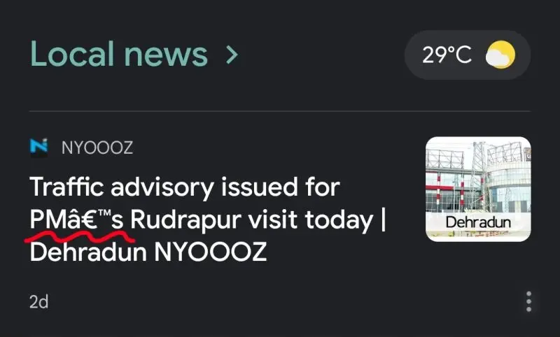 Google News app screenshot showing mojibake text â€™ caused by an encoding mismatch